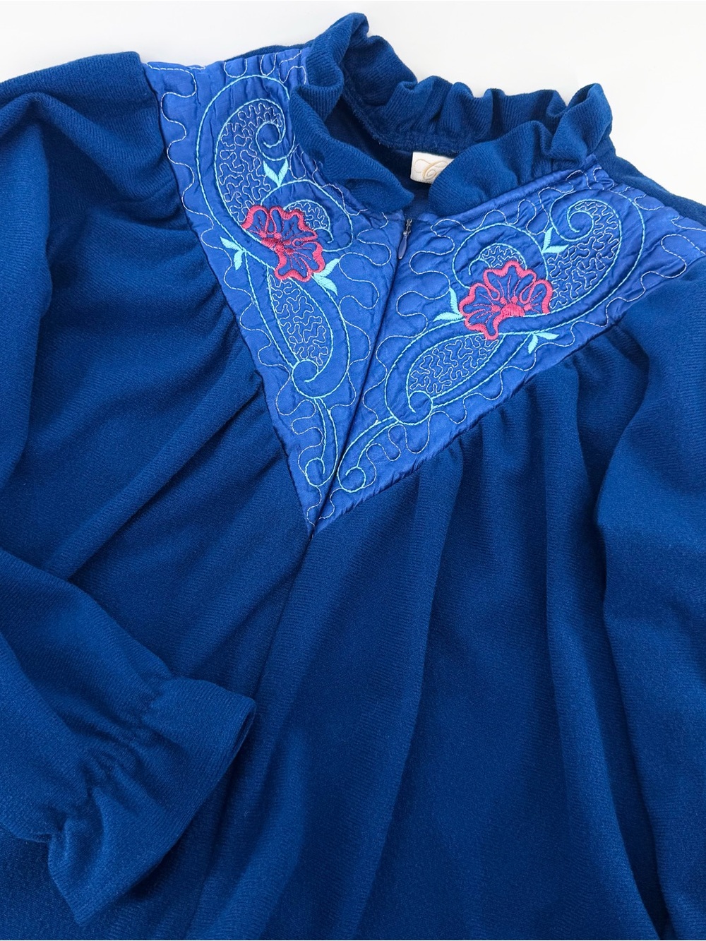 Vintage M L Cachet Royal Blue Fleece Zipper Robe Embroidered Floral Maxi Grandma